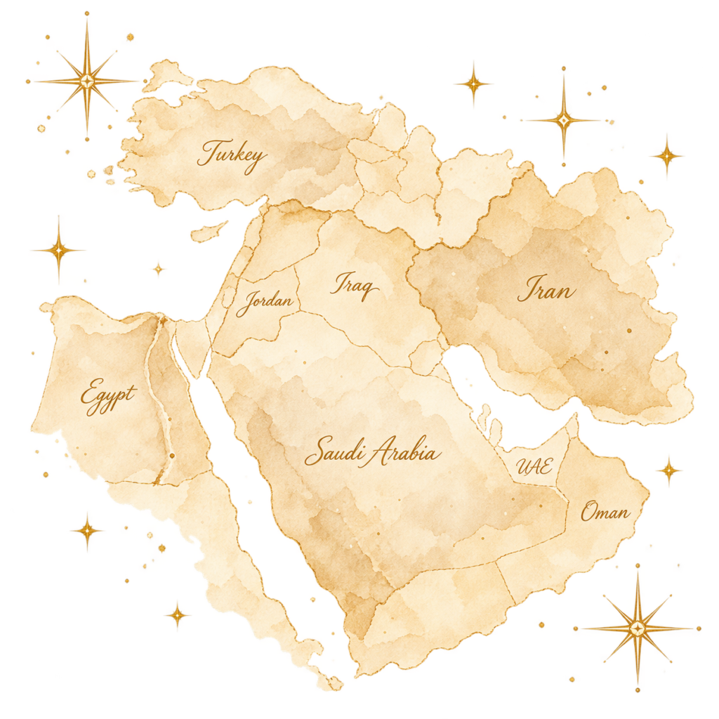 Decorative watercolor map of the Middle East with gold lettering and stars.